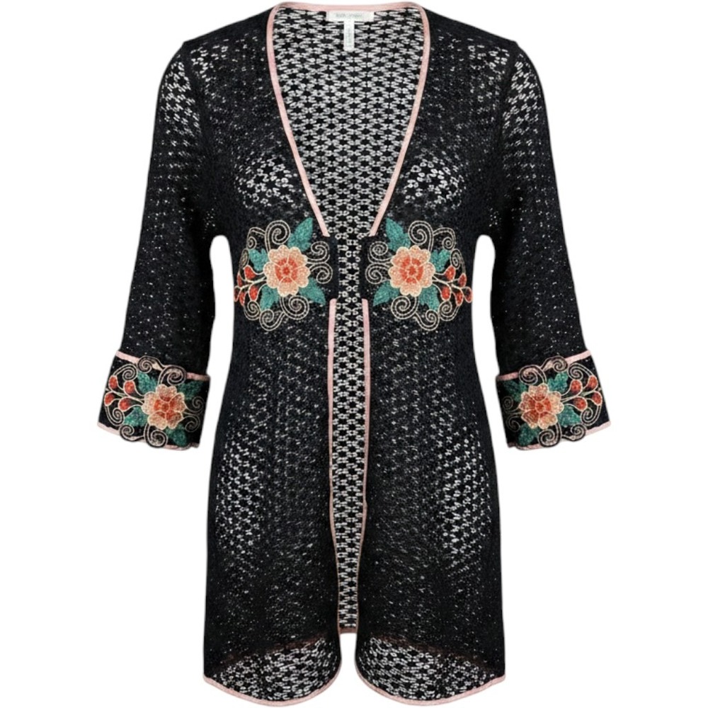 Solaris style Black Crochet Romper Coverup with Pink Trim and Floral Embroidery